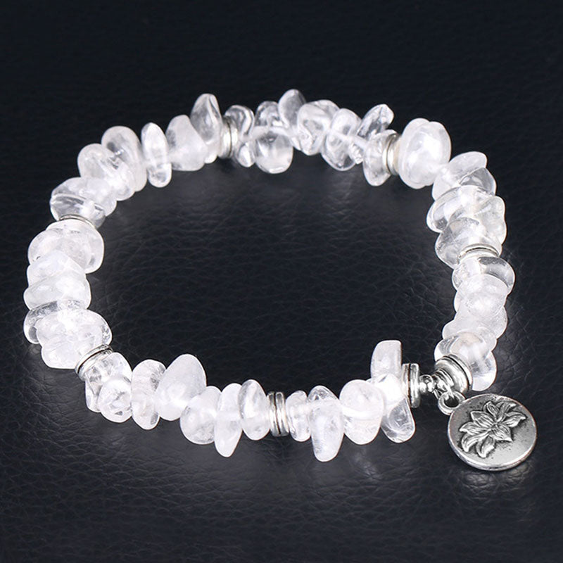 Natural White Crystal Lotus Bracelet – Clear quartz chip beads with lotus charm, healing jewelry