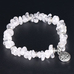 Natural White Crystal Lotus Bracelet – Clear quartz chip beads with lotus charm, healing jewelry