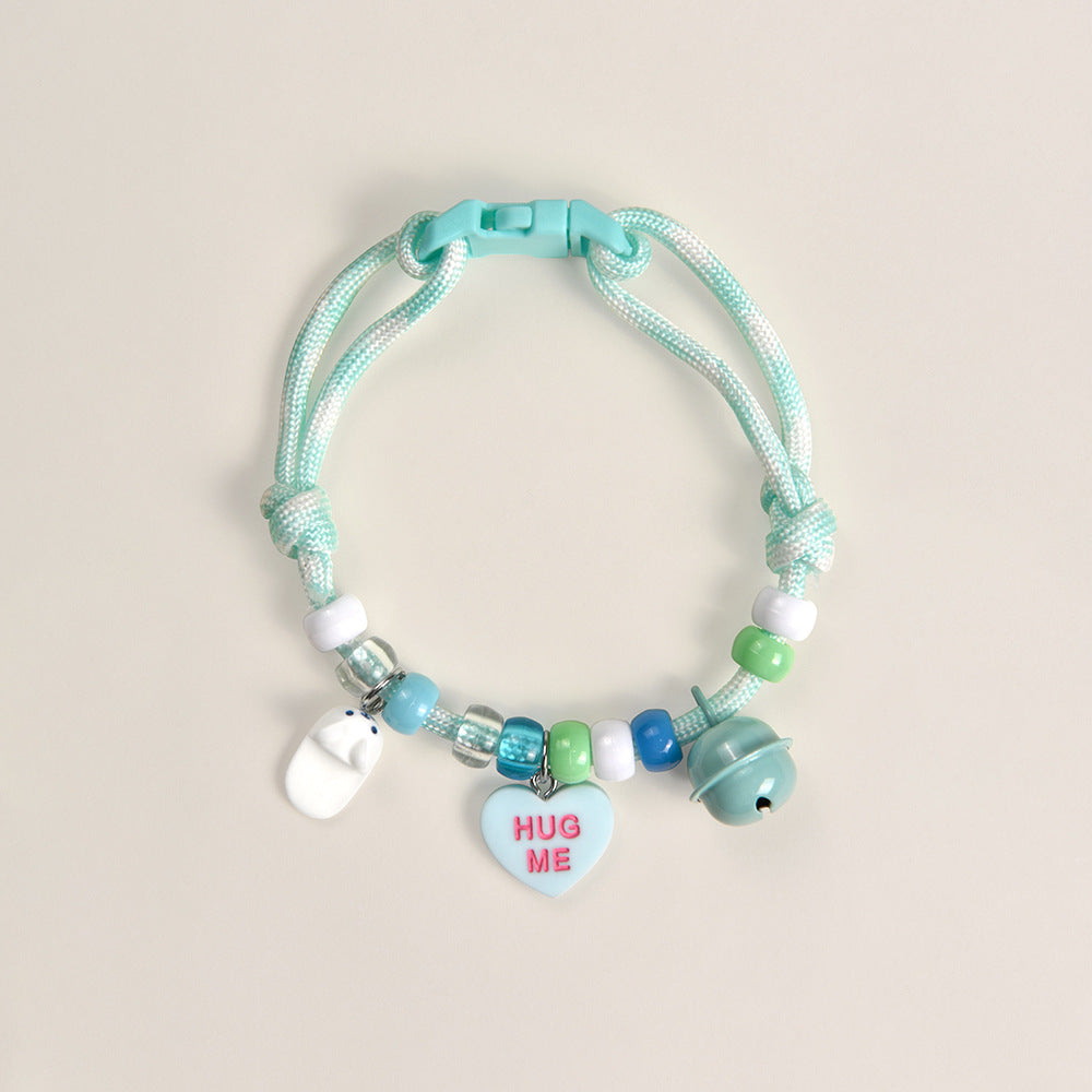 Adjustable Cat Collar – Mint green rope with hug me heart, sandal & bell charms, soft pet necklace