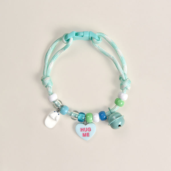 Adjustable Cat Collar – Mint green rope with hug me heart, sandal & bell charms, soft pet necklace