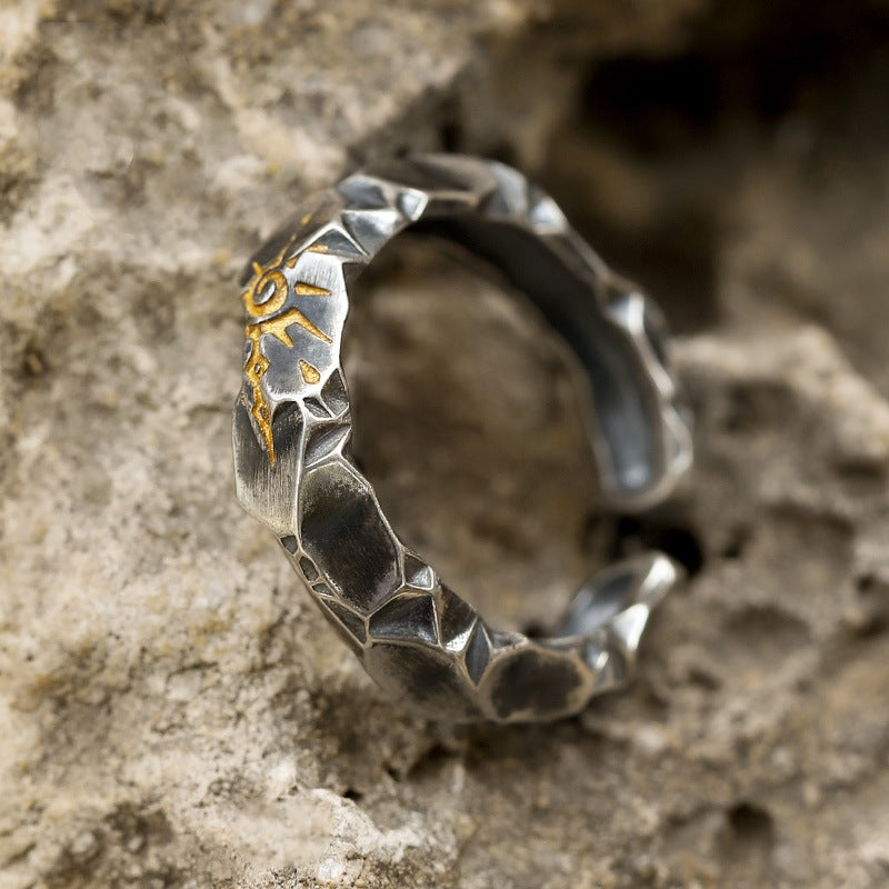 Self-Discipline Ring – Dark oxidized hammered cuff ring with sun accent on rough stone, intention jewelry