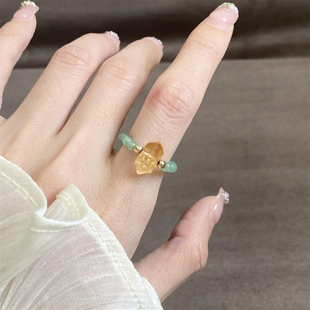 Citrine Aventurine Ring – Close-up of citrine double-point ring with aventurine beads on hand, feng shui jewelry
