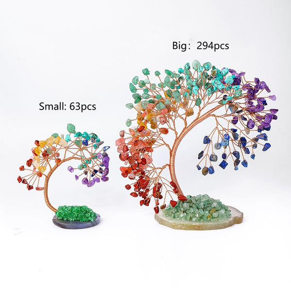 Chakra Crystal Tree – small and big rainbow trees comparison, 63pcs vs 294pcs, white background, size variant display