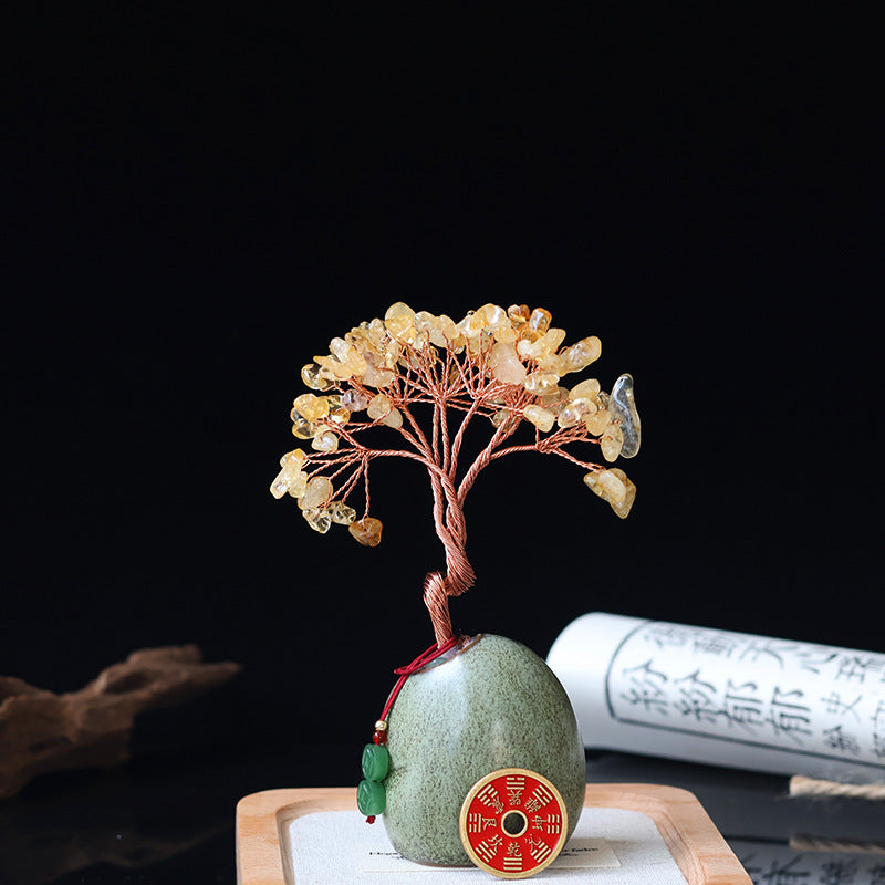 Citrine Money Tree – Yellow citrine with Bagua coin charm, Feng Shui wealth