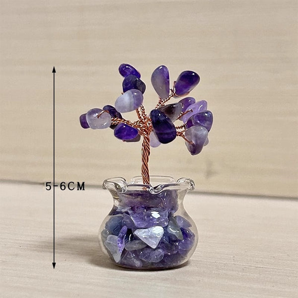 Mini Wealth Tree – amethyst tree with 5-6cm size label, light wood background, glass geode pot, dimension detail shot