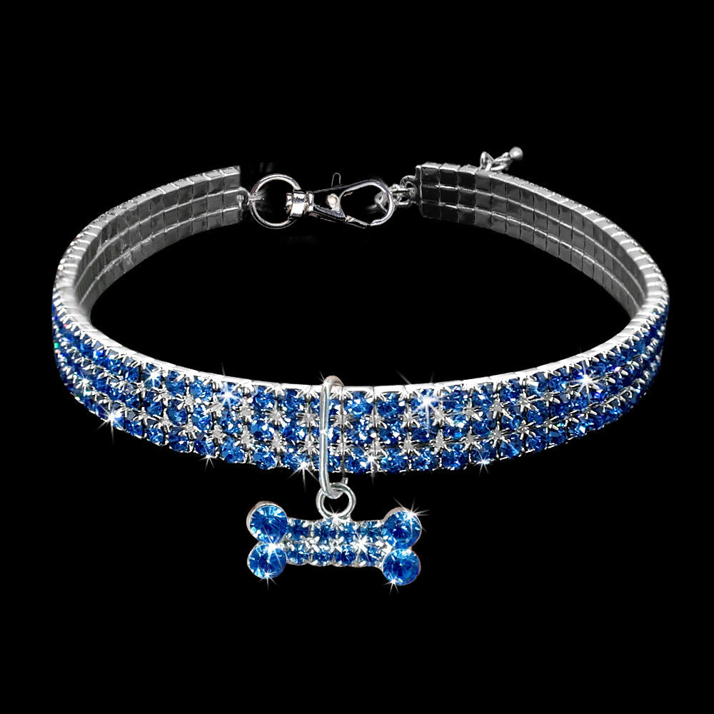 Blue Elastic Pet Collar – Royal blue & clear crystal alternating band with bone charm, stretchy bling dog necklace