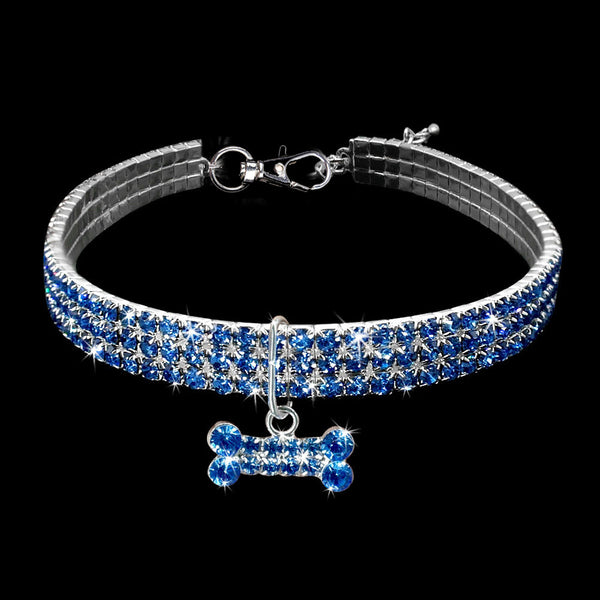 Blue Elastic Pet Collar – Royal blue & clear crystal alternating band with bone charm, stretchy bling dog necklace