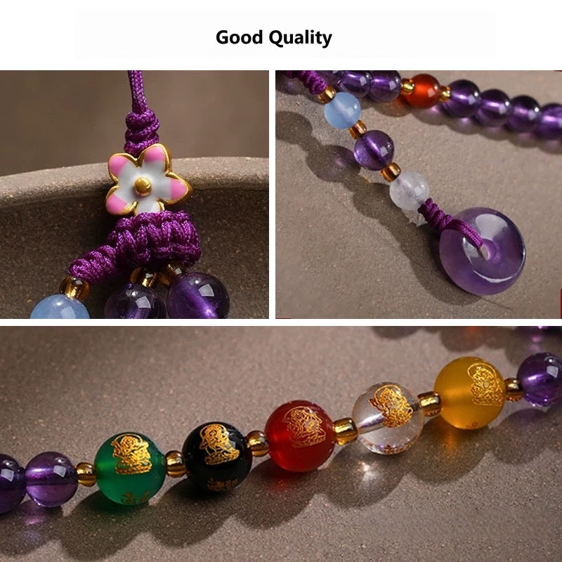 Amethyst Phone Charm – collage detail of flower knot, purple safety buckle, five wealth god beads