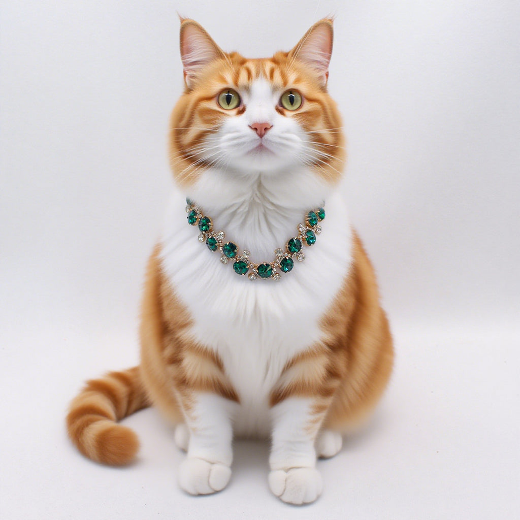 Princess Crystal Pearl Pet Collar – ginger tabby cat wearing emerald green crystal collar, white studio