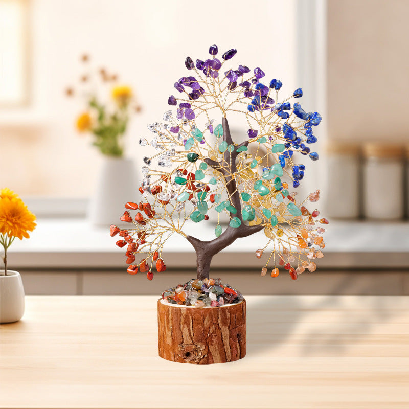 Colorful Crystal Wealth Tree – Rainbow tree in bright home setting, living room