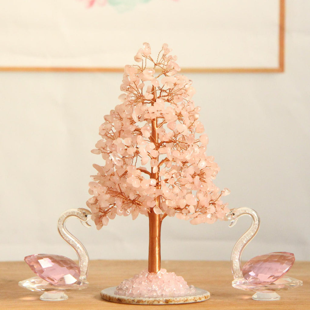 Crystal Money Tree – Pink rose quartz with crystal swans, love wealth decor