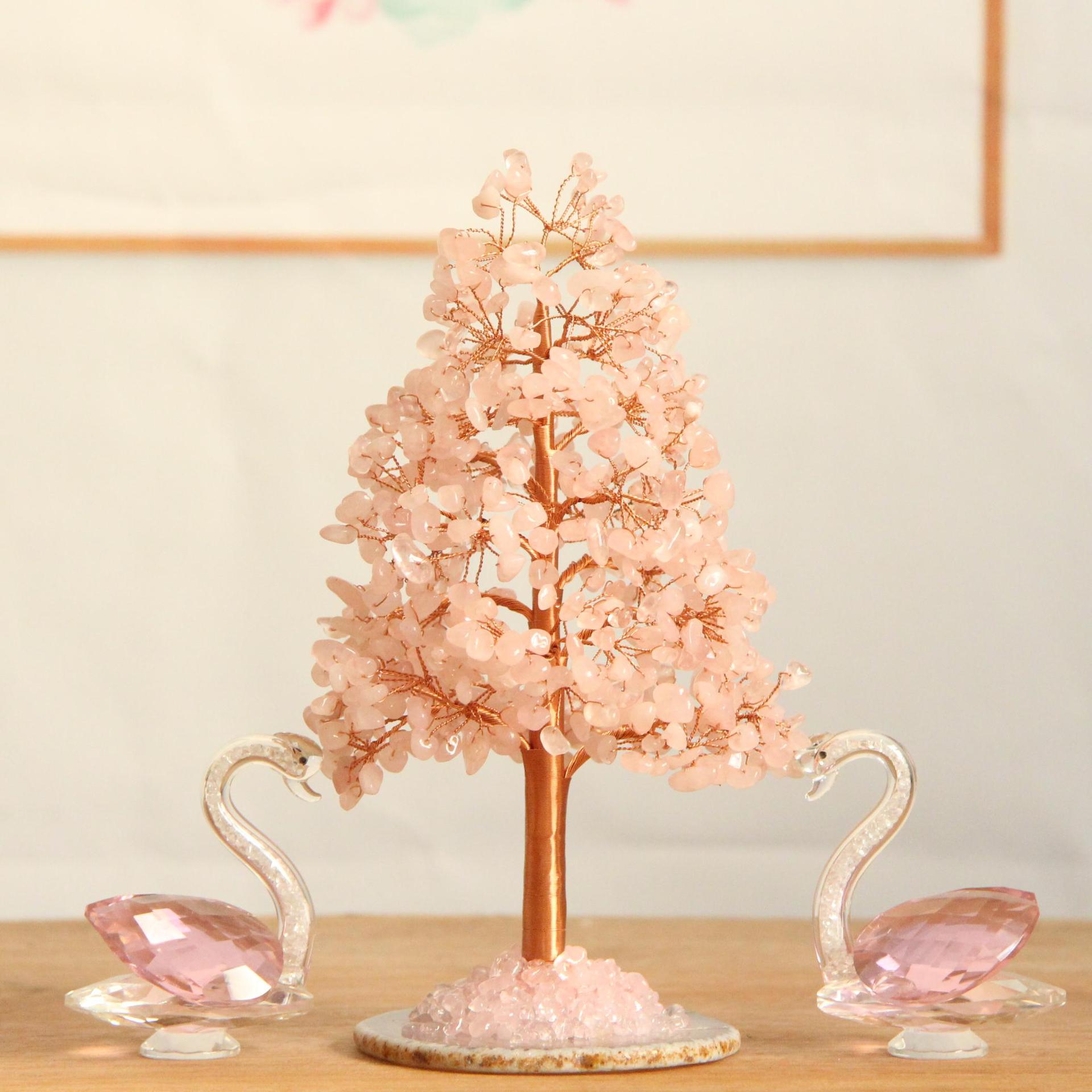 Crystal Money Tree – Pink rose quartz with crystal swans, love wealth decor