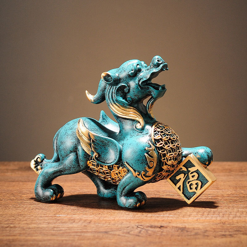 Pi Xiu Statue Pair – Teal patina pair studio wood surface, prosperity protection decor