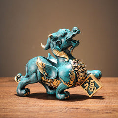 Pi Xiu Statue Pair – Teal patina pair studio wood surface, prosperity protection decor
