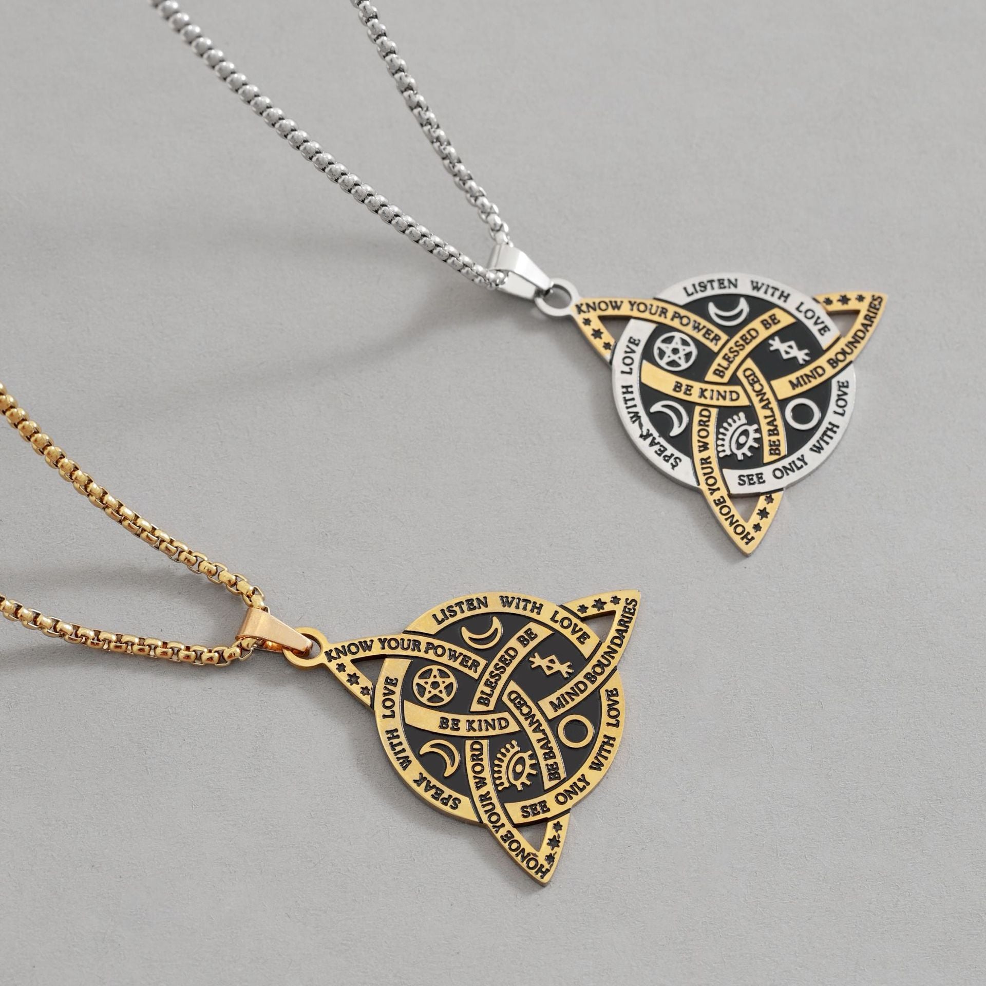 Celtic Moon Star Necklace – gold silver pendants side by side on light gray surface, moon star jewelry