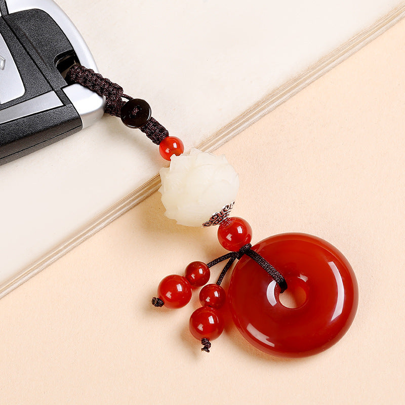 Agate Chalcedony Safety Knot Keychain – red agate attached to car key, white lotus feng shui charm