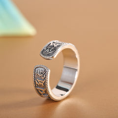 Vintage Silver Vajra Ring, Handcrafted Turquoise Inlaid, Open Design Unisex, Mantra Engraved Vajra