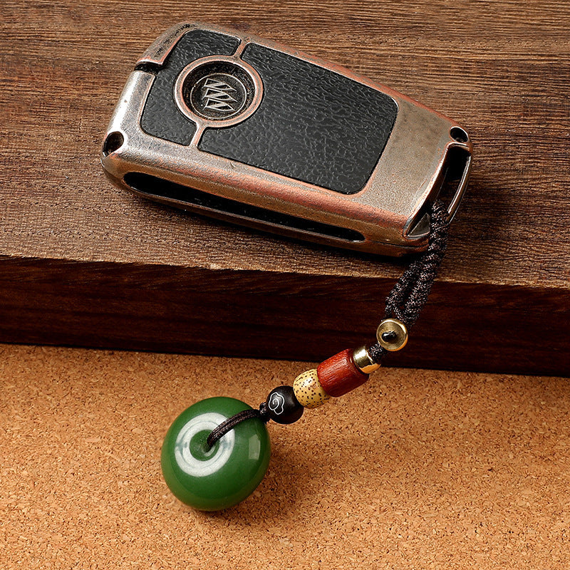 Natural green agate ping an kou keychain attached to car key fob