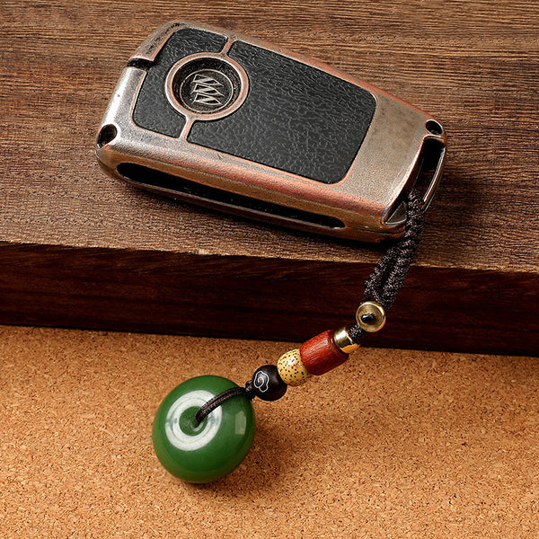 Natural green agate ping an kou keychain attached to car key fob