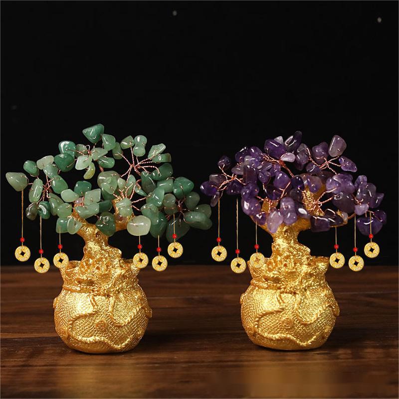 Green & Amethyst Trees – pair of crystal money trees on dark wood, balance prosperity spiritual decor