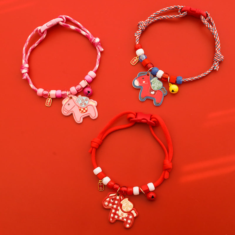 Year of Horse Collar – Pink, blue & red braided ropes with horse pendants, beads & bells, three styles