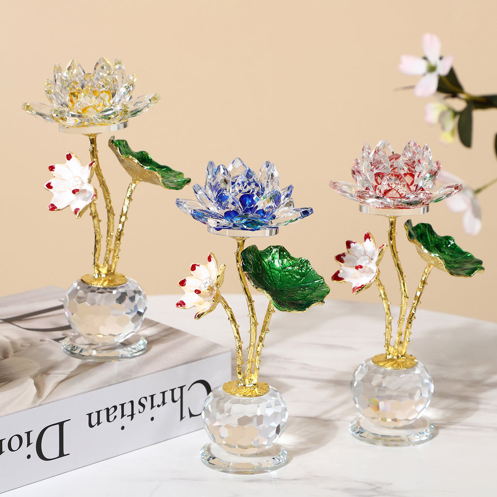 Crystal Lotus – three crystal lotus flowers in yellow blue and pink, group display on marble surface, collection set