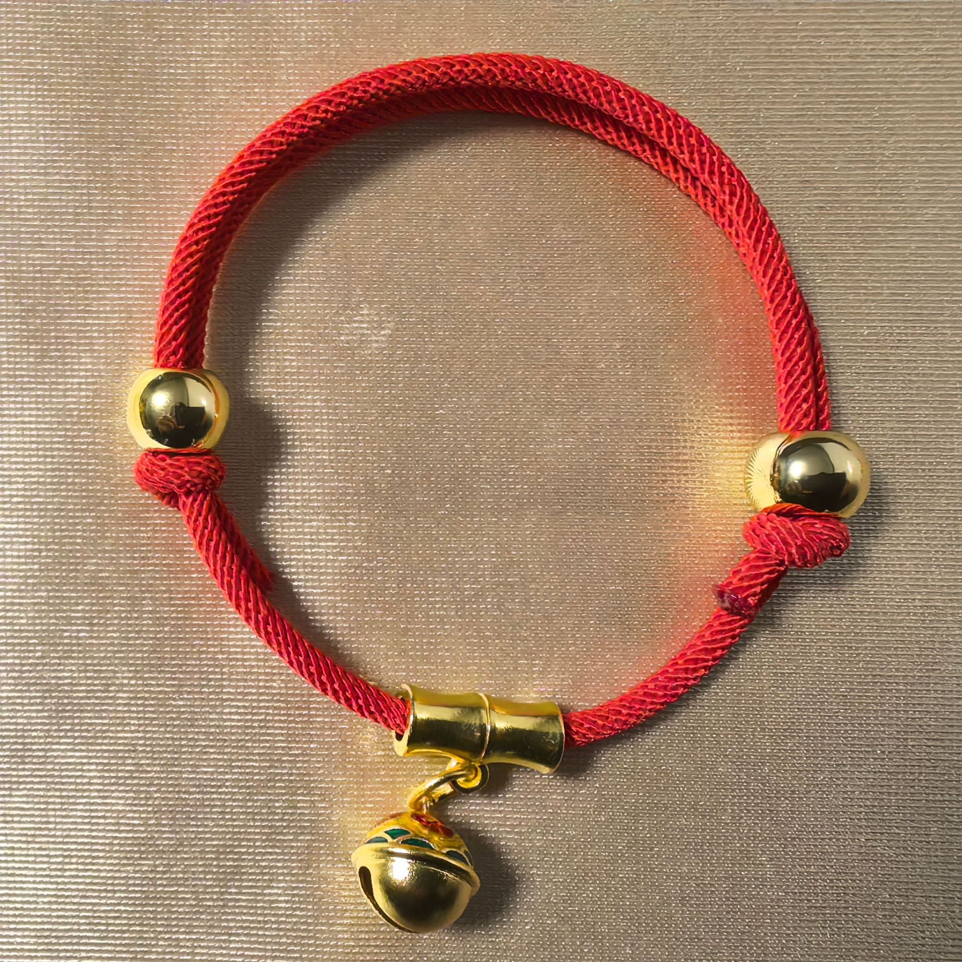 Feng Shui Bell Collar - Red cord with colored enamel bell and bamboo connector, adjustable lucky pet necklace