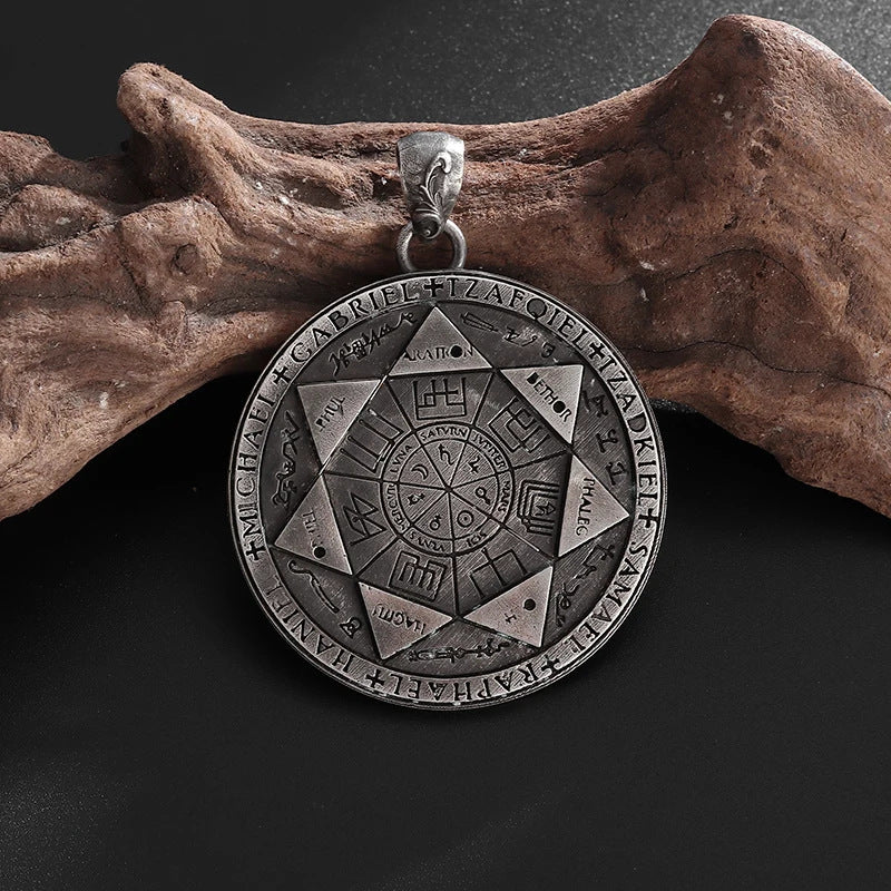 Seven Archangels Pendant – Front seal on driftwood background, rustic vintage men necklace