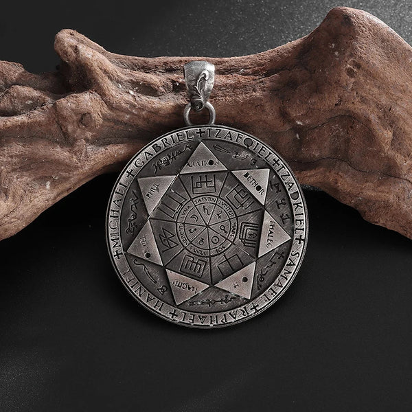 Seven Archangels Pendant – Front seal on driftwood background, rustic vintage men necklace