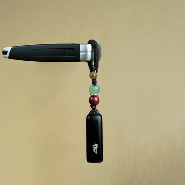 Ebony Eight Guardians talisman keychain with silver inlay for Rabbit zodiac Buddhist protection