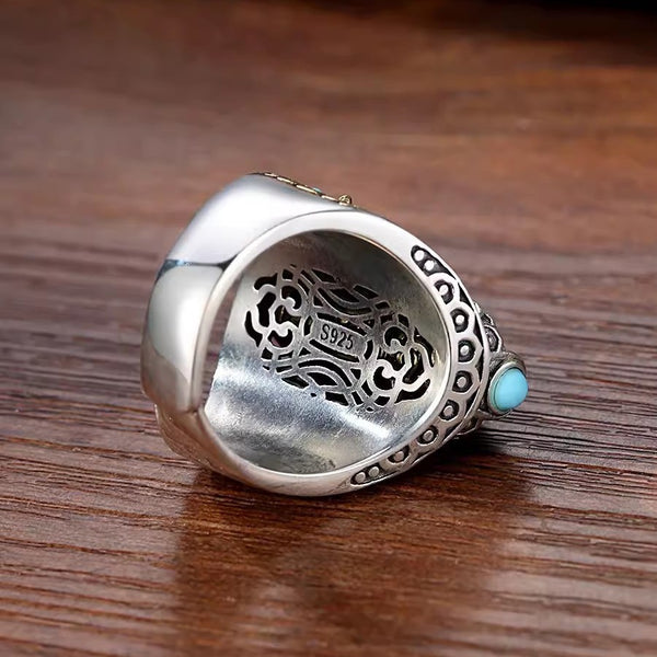 Dzi Bead Prayer Wheel Ring – inner band showing S925 stamp and hollow carved mantra detail