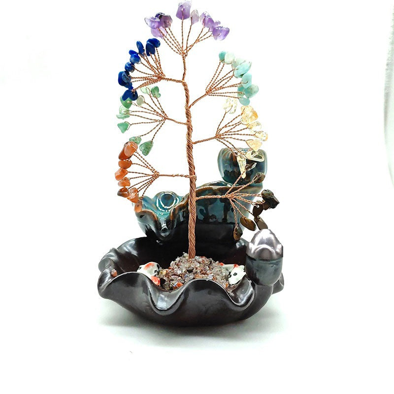 Crystal Tree Incense Burner – multicolor gem wire tree on ornate lotus pedestal, white backdrop, spiritual gift