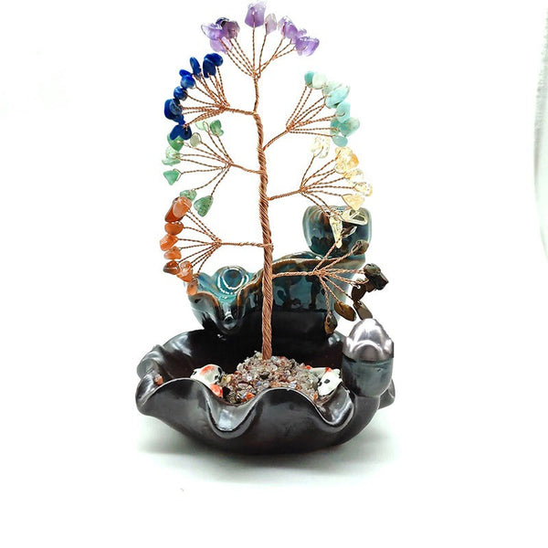 Crystal Tree Incense Burner – multicolor gem wire tree on ornate lotus pedestal, white backdrop, spiritual gift