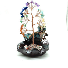 Crystal Tree Incense Burner – multicolor gem wire tree on ornate lotus pedestal, white backdrop, spiritual gift