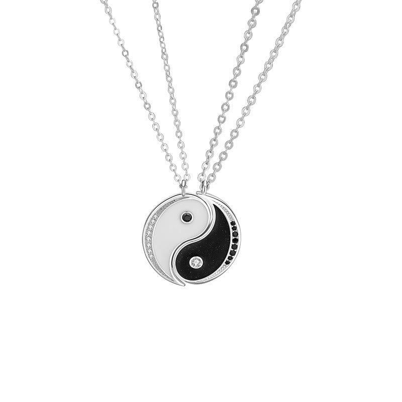 925 Sterling Silver Yin Yang Harmony Necklace Pendant – Complete interlocking yin-yang halves on white background, silver pen