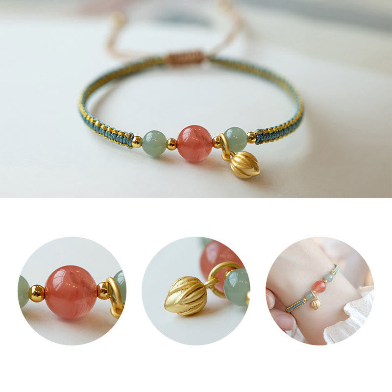 Red Agate Jade Lotus Bracelet – sage green gold cord with pink center bead and green side beads, lotus charm, composite detail layout