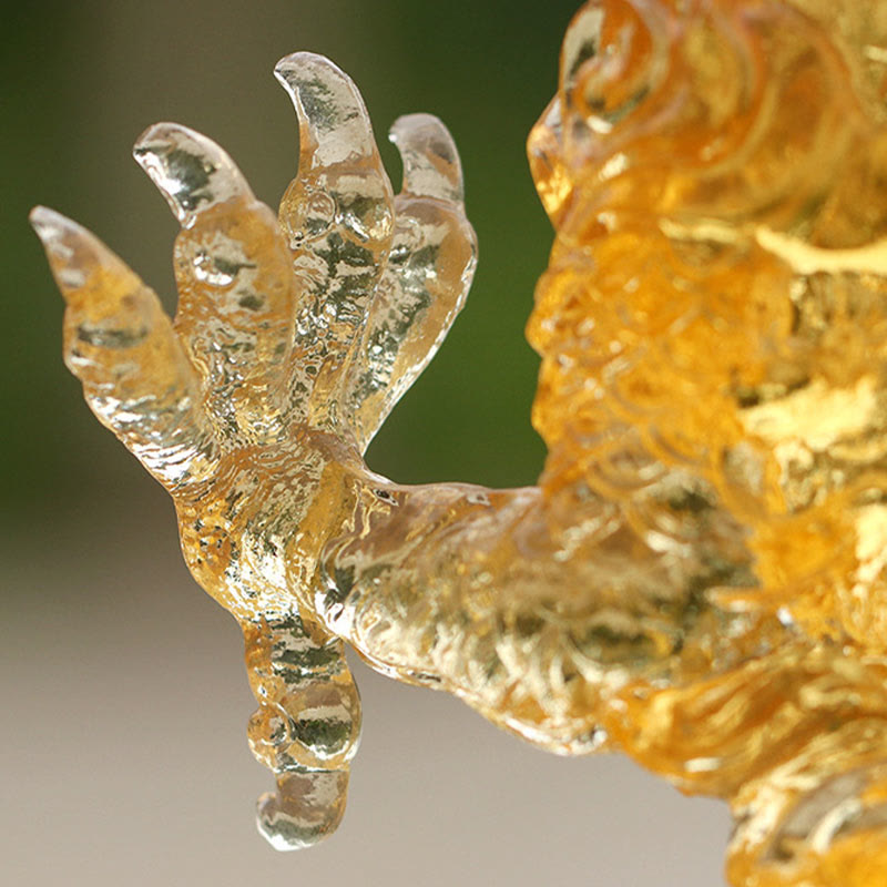 Chinese Zodiac Yellow Dragon Liuli Art Piece - detailed five-toed claw talon in golden crystal glass, strength