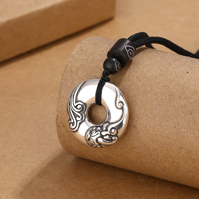 PiXiu Peace Buckle Copper Wealth Necklace – Silver PiXiu pendant on paper roll with cloud wood beads, wealth necklace