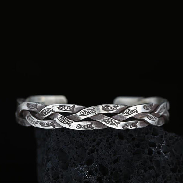 Koi Fish Twisted Cuff Bracelet – dual koi meeting, twisted metal band detail
