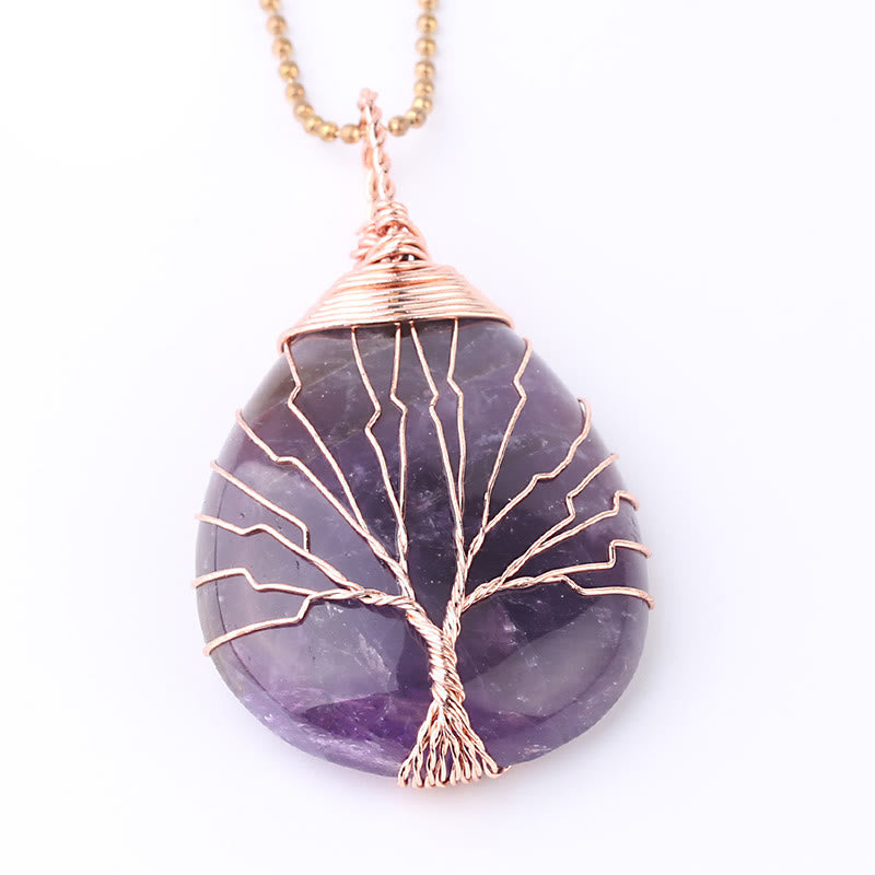 Quartz Crystal Tree of Life Necklace – amethyst teardrop pendant, frontal, rose gold wire tree, healing energy