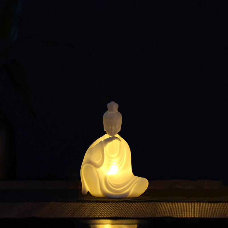 Ceramic LED Bodhisattva Decoration – glowing female Bodhisattva, cheek rest, LED warm, dark, soothe