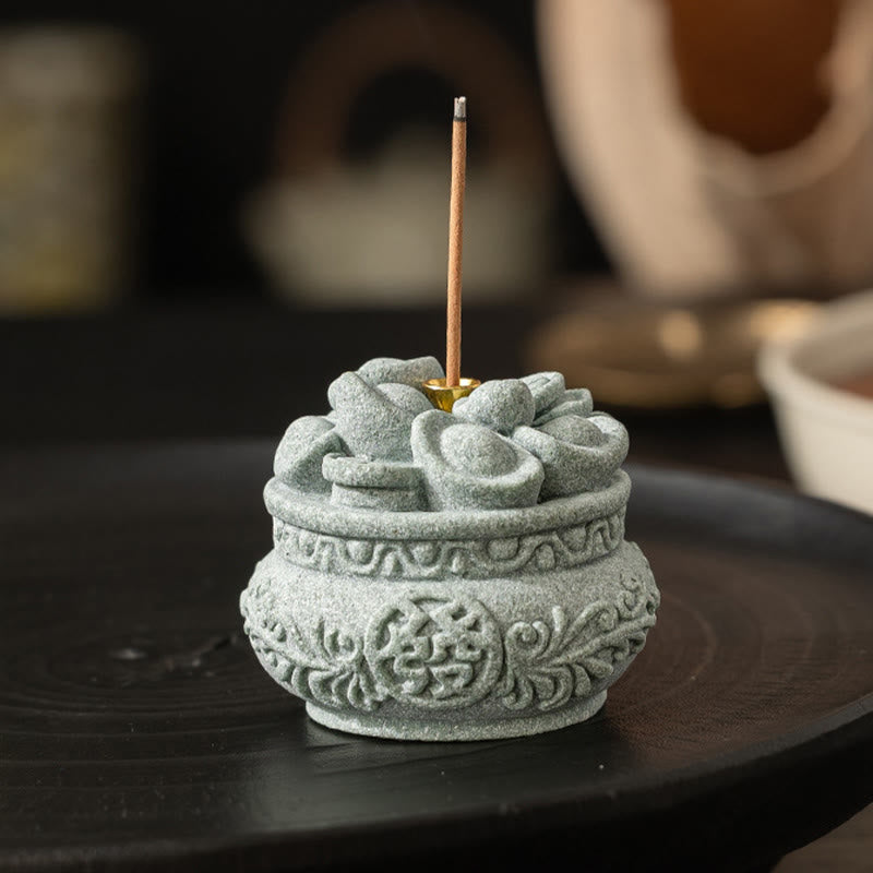 Fu Character Sandstone Incense Burner – lotus lid top with brass fitting on dark wood, sandstone incense burner