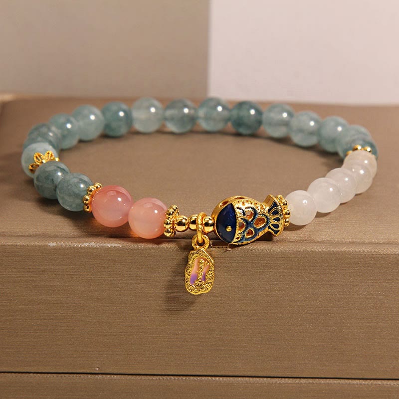 Jade Agate Koi Scripture Bracelet – full bracelet laid flat showing jade agate and koi fish beads