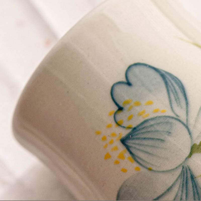 Hand Painted Lotus Tea Cup – macro close-up of blue lotus petals with yellow stamen dots, hand-painted detail