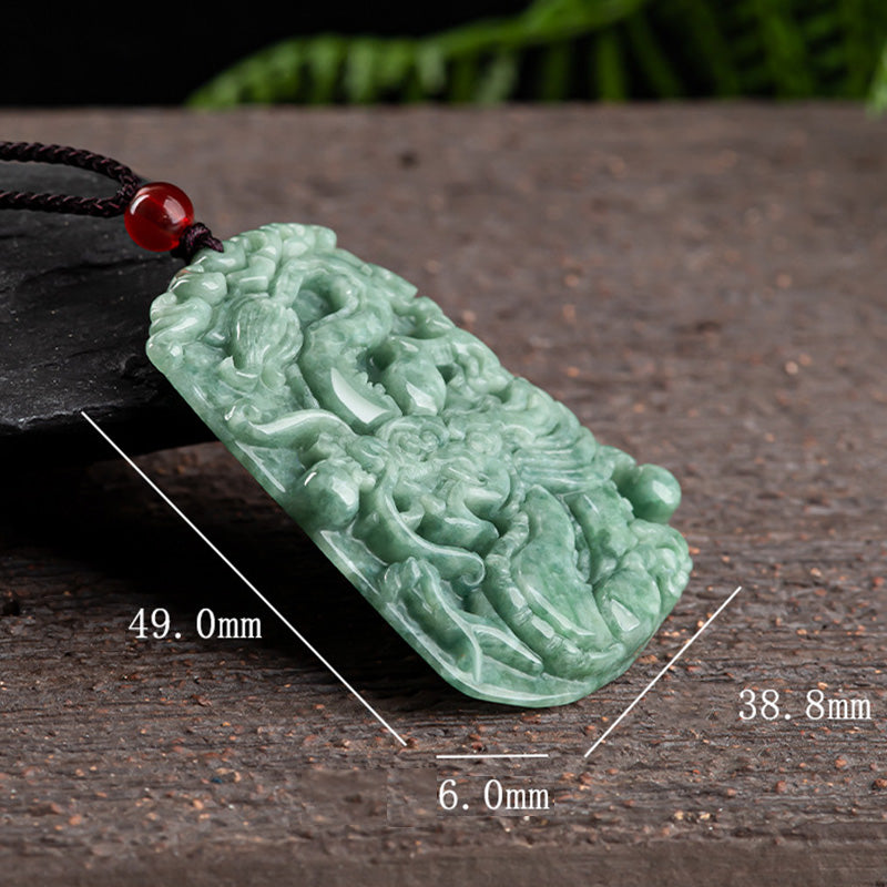 Chinese Zodiac Dragon Jade Strength Necklace - 49x38.8mm jade pendant with measurement labels, protective jade
