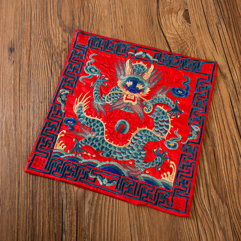 Phoenix Dragon Kirin Embroidery Tea Cup Mat - Red quilted base teal dragon fret border, Festive Red