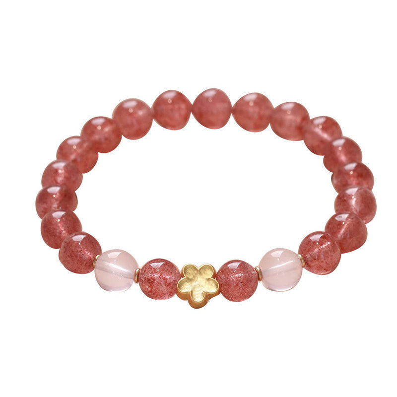 Strawberry Quartz Peach Blossom PiXiu Bracelet – pink quartz and gold flower bracelet isolated on white, fortune gift