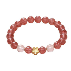 Strawberry Quartz Peach Blossom PiXiu Bracelet – pink quartz and gold flower bracelet isolated on white, fortune gift
