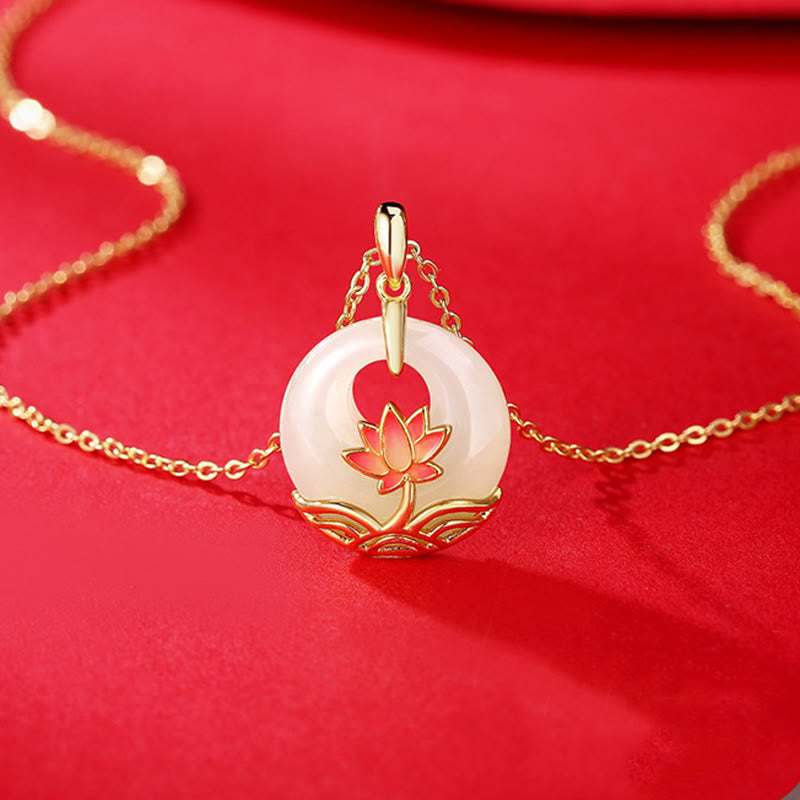 Sterling Silver Hetian White Jade Lotus Necklace – close-up lotus enamel detail, macro craftsmanship