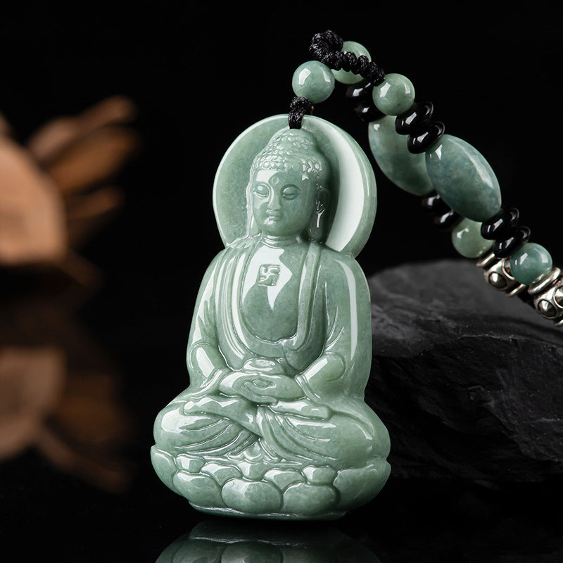Amitabha Buddha Jade String Necklace - Full necklace with jade beads, black beads and silver spacers